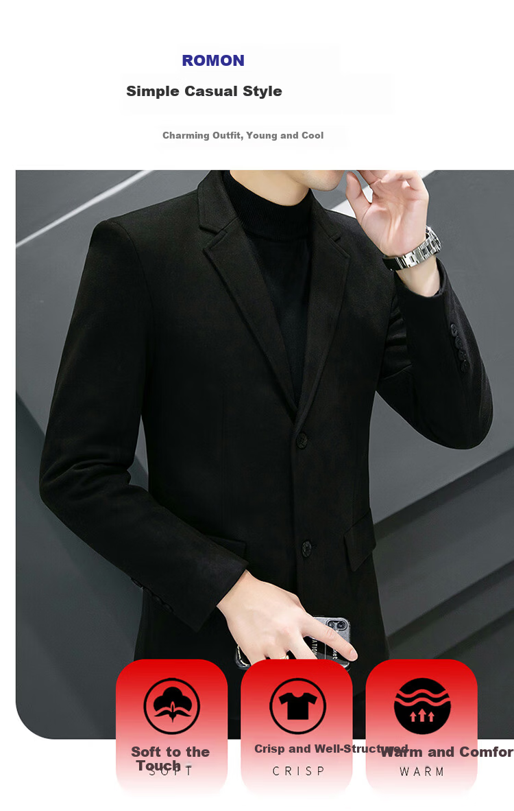 ROMON Men's Wool Blazer Spring Autumn Business Casual Jacket Black M 2
