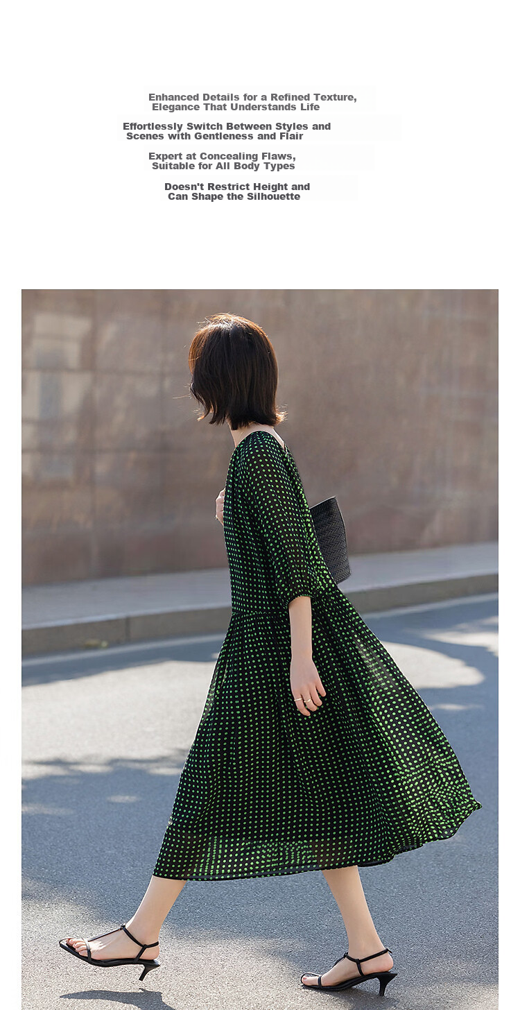 Demana Lightweight Holiday Summer Elegant Pleated Round Neck Polka Dot Loose Slimming Concealing Dress for Women Premium Quality 4