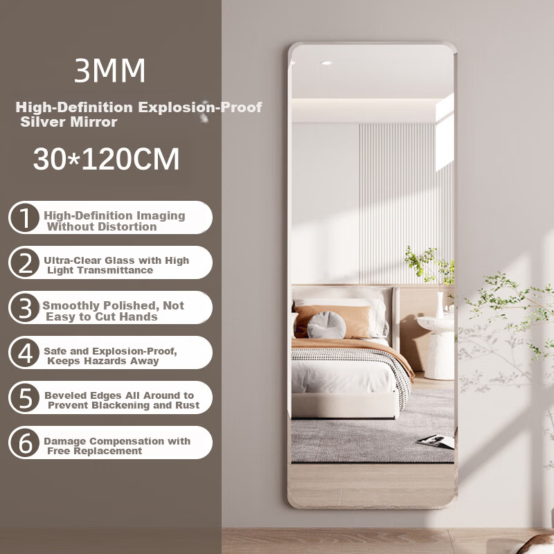 Xiangzhubian Frameless Wall-Mounted Self-Adhesive Full-Length Dressing Mirror for Dormitory Home Entryway Bedroom Glass 30x120cm