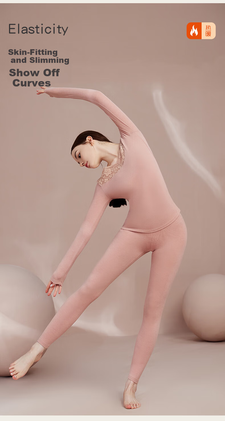 Qiulu Women's Thermal Underwear Autumn Winter Base Layer Comfortable Slim Fit V-Neck Top and Bottom Set Lotus Pink M 7