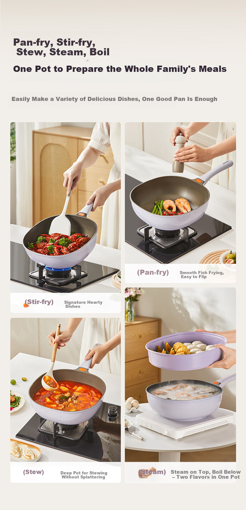 Joyoung 32cm Titanium Non-Stick Square Round Wok Multi-Functional Large Capacity Stove-Compatible Home Cooking Pan 12