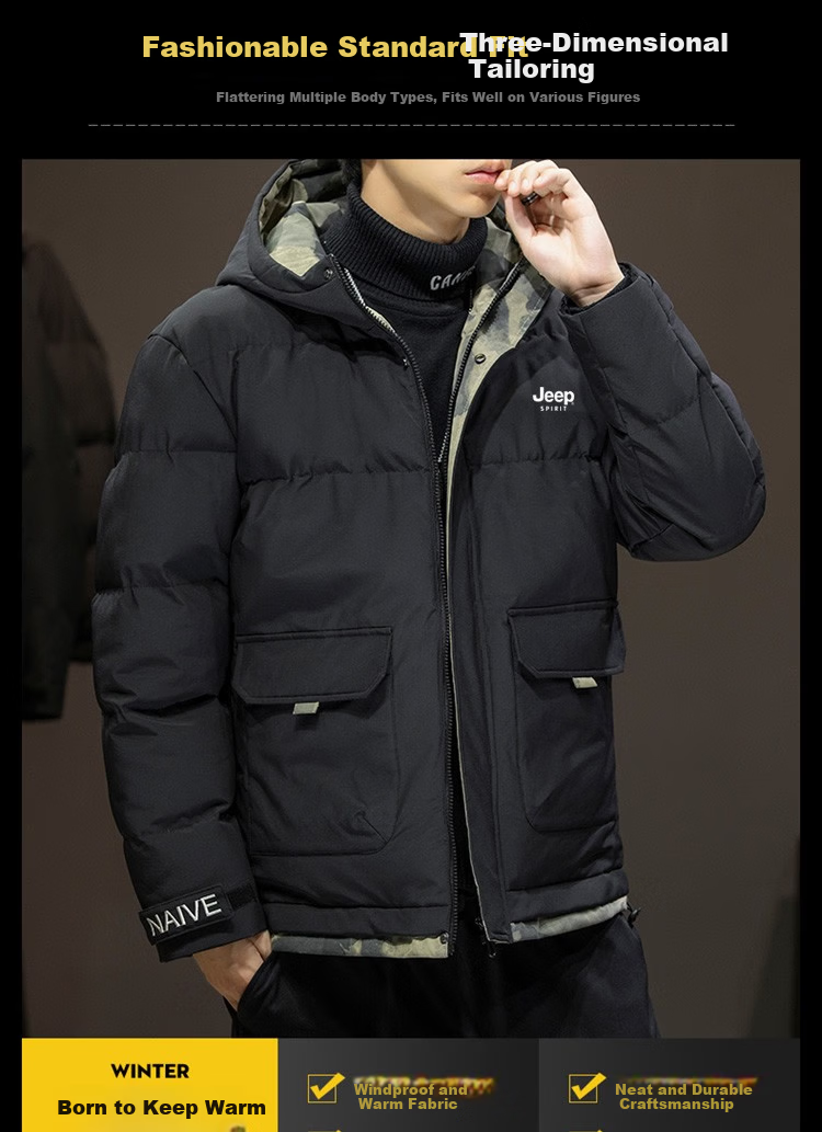 JEEP SPIRIT Men's Cotton Padded Jacket Autumn Winter Thick Warm Hooded Sports Coat Black 2XL 2