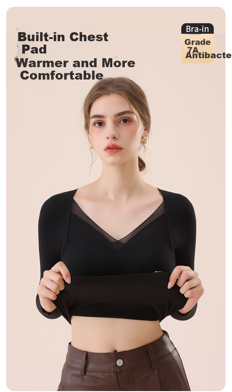 MiiOW Mulberry Silk Down Thermal Underwear for Women Autumn Top with Chest Pad Lace Base Layer Skin Color XL 3
