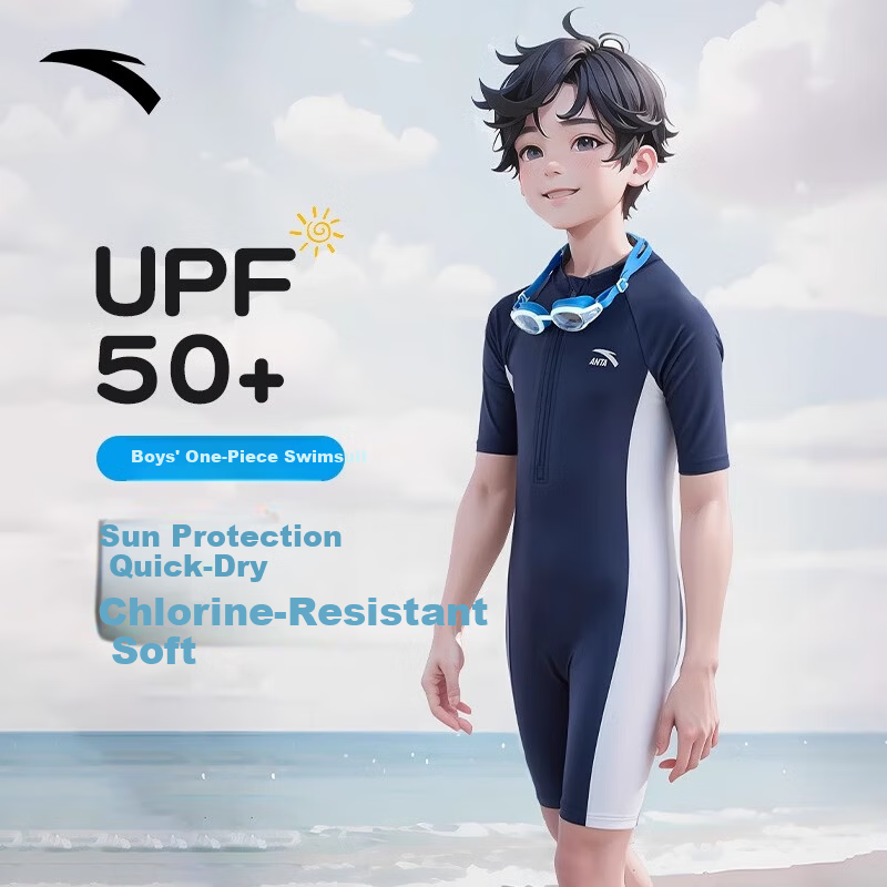 ANTA Kids Boys 2024 New Style Youth One-Piece Quick-Dry Professional Training Swimsuit Blue White 140
