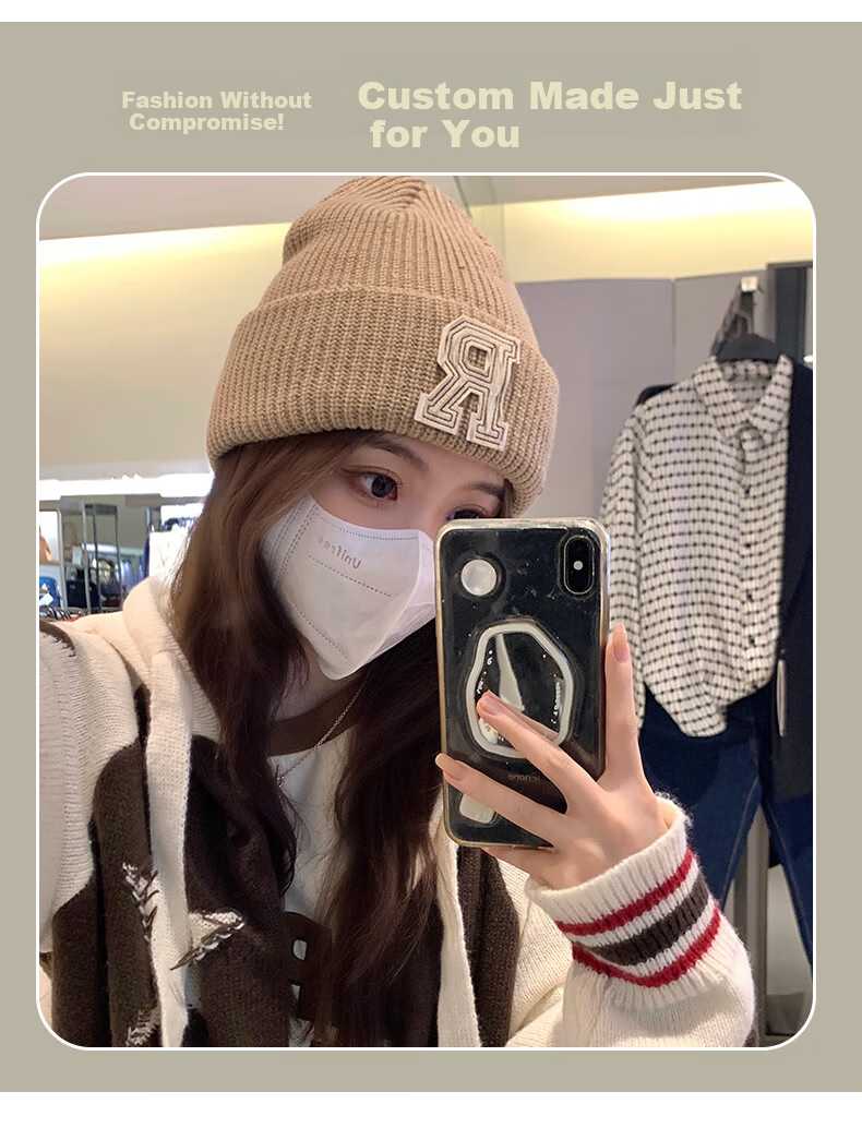 Xueqiman Women's Hat Versatile Korean Style Ins Knitted Hat Autumn Winter Letter Warm Solid Color Woolen Hat Black One Size 2