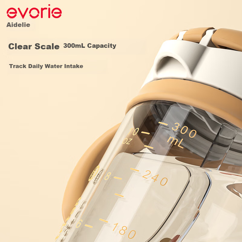 Evorie Children's Straw Water Bottle for 1+ Years Baby Training Cup Leak-Proof Straw Cup with Handle 300ml