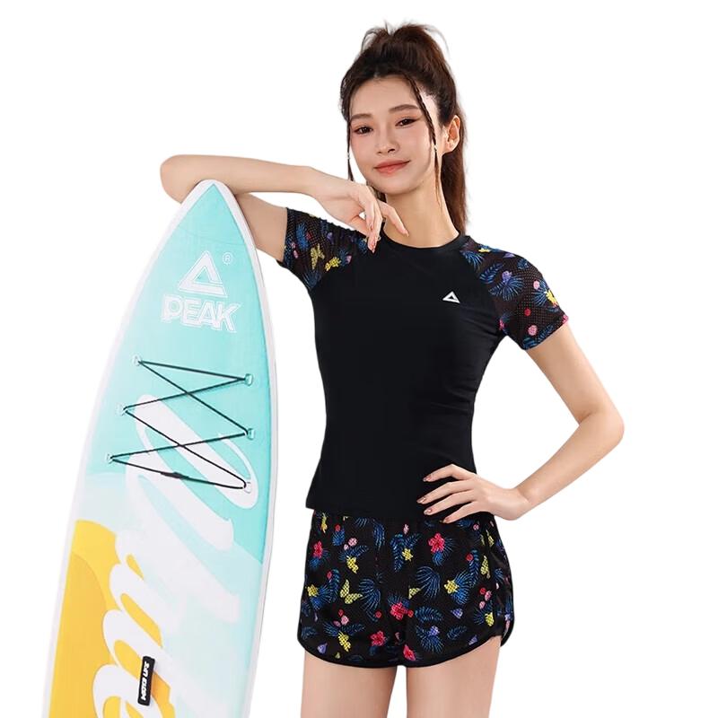 PEAK Women's Two-Piece Swimsuit, Split Shorts with Short Sleeves, Plus Size, Tummy Control, Slimming, for Beach And Hot Springs, X3L