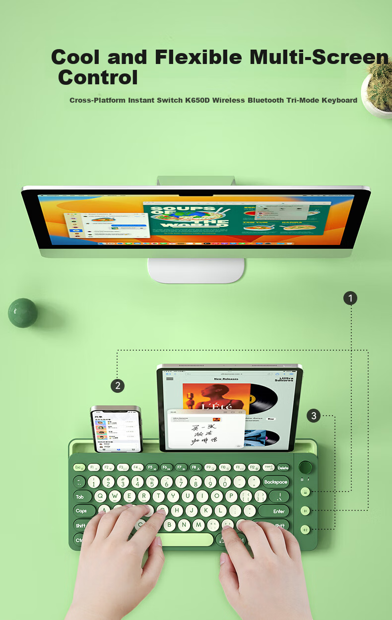 B.O.W Hangshi K650D Rechargeable Card Slot Stand iPad Tri-mode Wireless Bluetooth Keyboard Silent Compatible with Apple Huawei Xiaomi Tablet Phone Laptop Keyboard Cyan Green Indigo 1