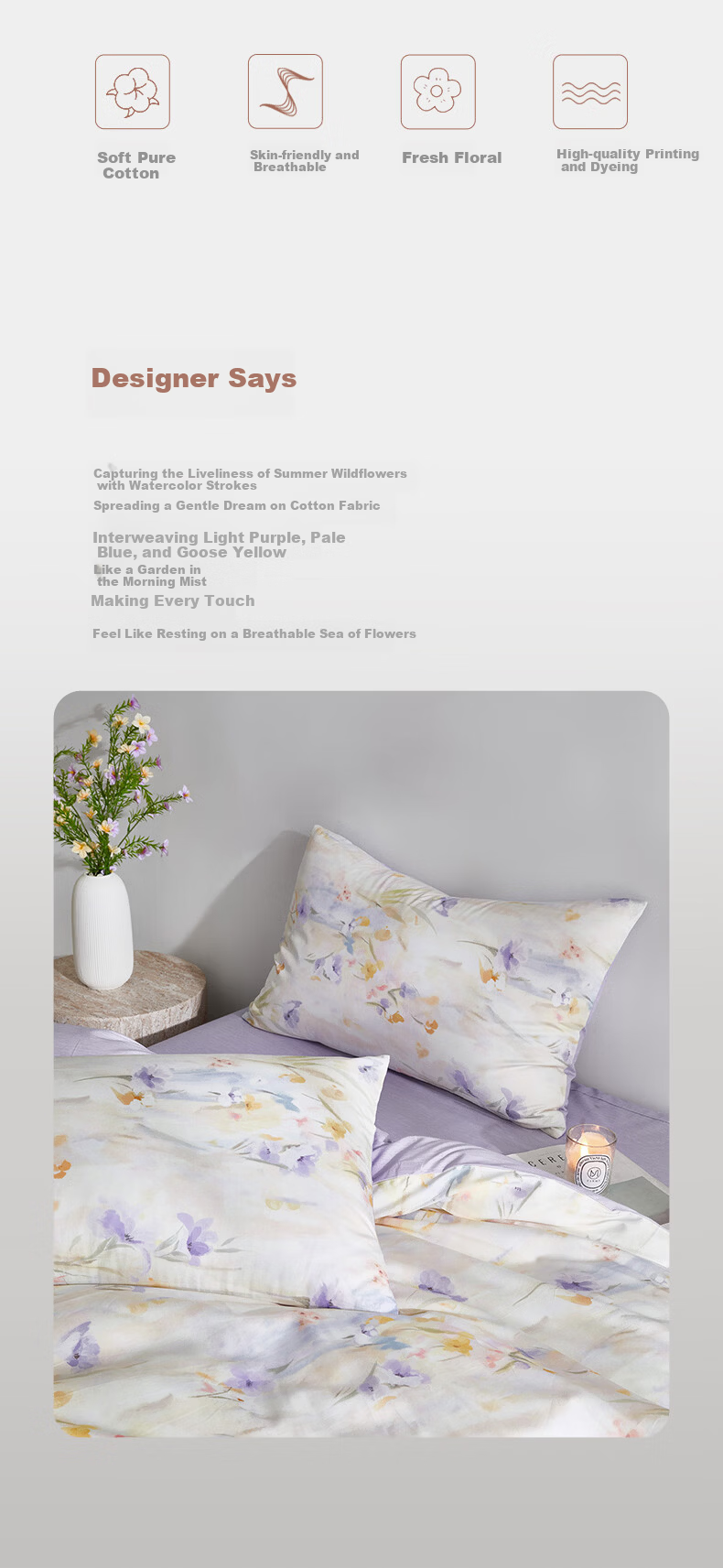 Luolai Home Textiles 100% Cotton Four-Piece Bedding Set Floral Purple 200x230cm 2