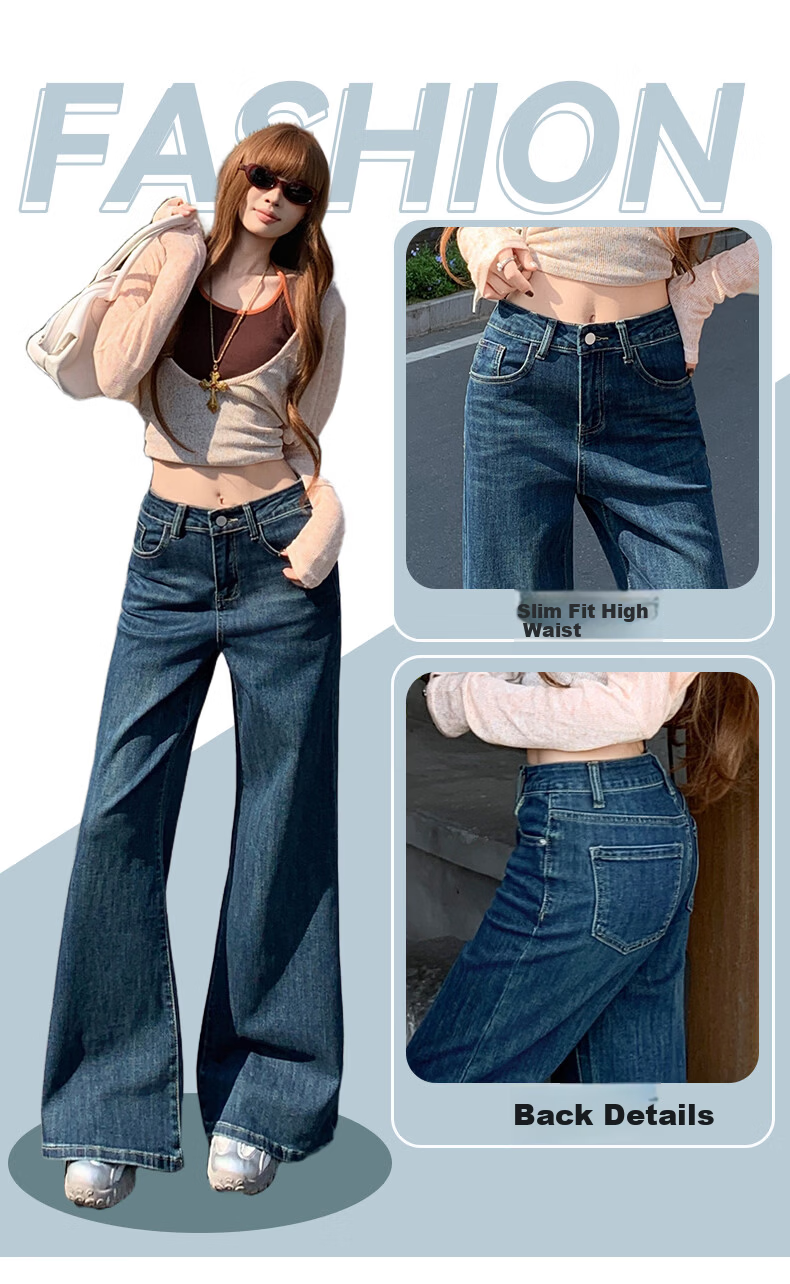 Jeanswest Women's Summer High-Waist Slimming Wide-Leg Casual Flowy Bootcut Jeans Dark Blue XL 2