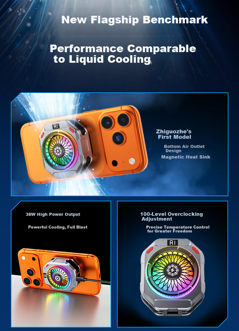 Zhiguozhe 38W Dual Airflow Magnetic Cooling Phone Cooler Ice-Making Semiconductor Cooling Clip for Gaming Live Streaming Compatible with Apple 6