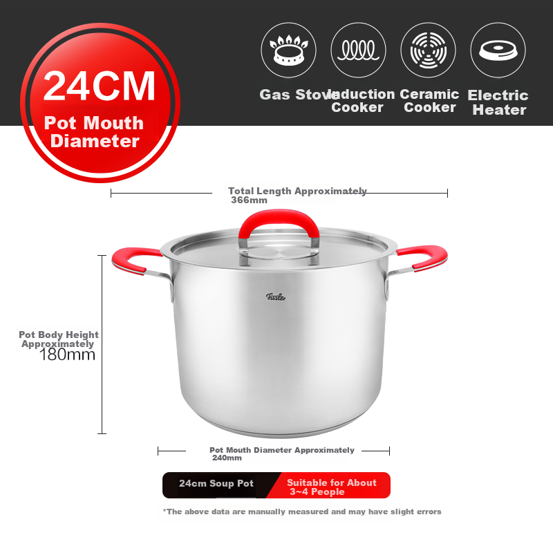 Fissler Little Red Handle Series 24cm Stainless Steel Double Handle Deep Soup Pot with Steel Lid