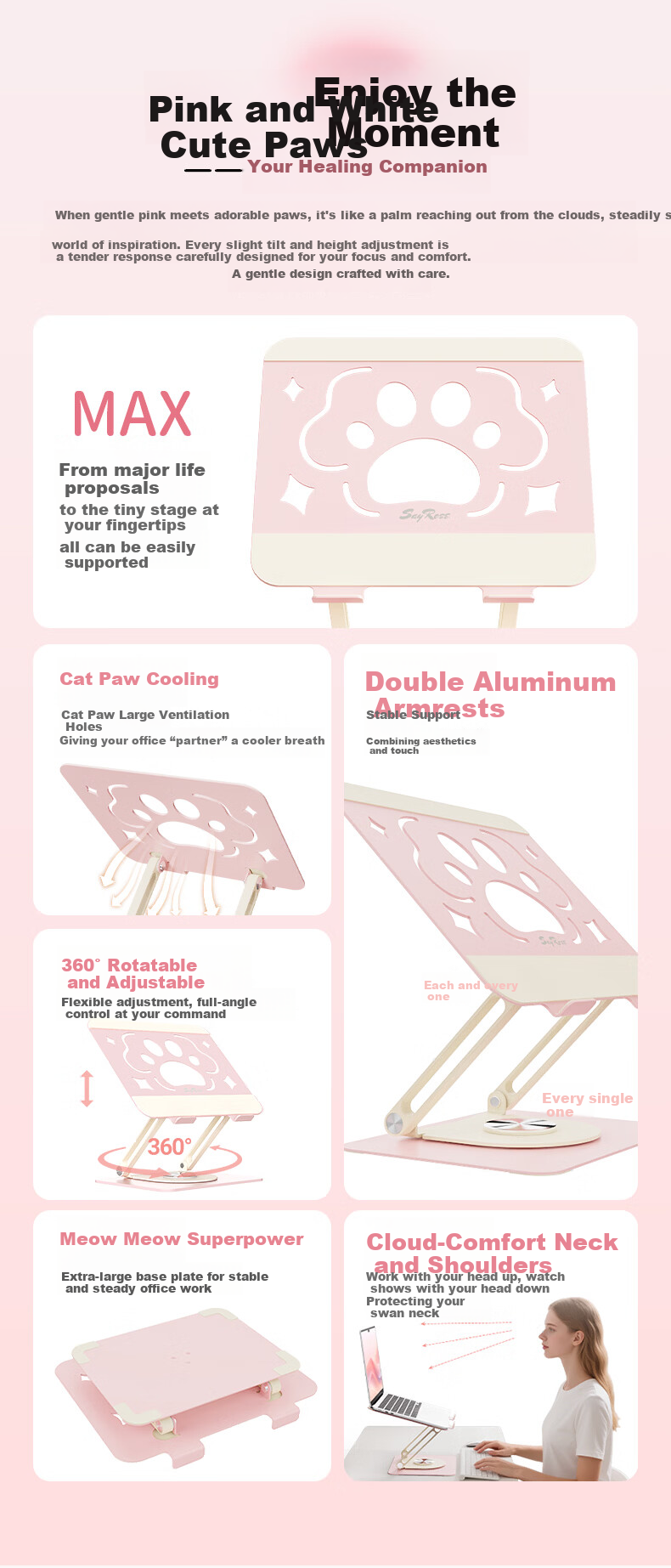 SayRose Gift Notebook Stand Laptop Stand Flexible Cute Cat Paw Adjustable Hover Stand 360° Rotating Cooler Riser Cat Paw Stand Birthday Gift 8