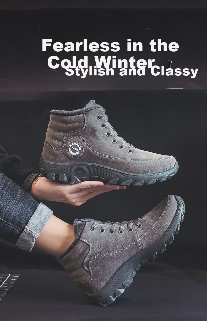 Warrior Official Men's Winter Cotton Shoes 2025 Warm Snow Boots Thickened Fleece Gray Size 44 2