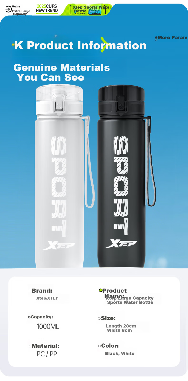 XTEP Sports Water Bottle Large Capacity Student Children School Use Unisex Fitness Portable Bottle High Temperature Resistant Summer Cup Black 20