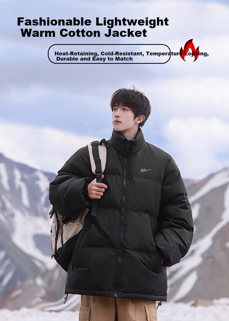 Warrior Men's Cotton Padded Outdoor Stand Collar Windproof and Cold-Resistant Puffer Jacket, Warm Fleece-Lined Thickened Coat for Men 1