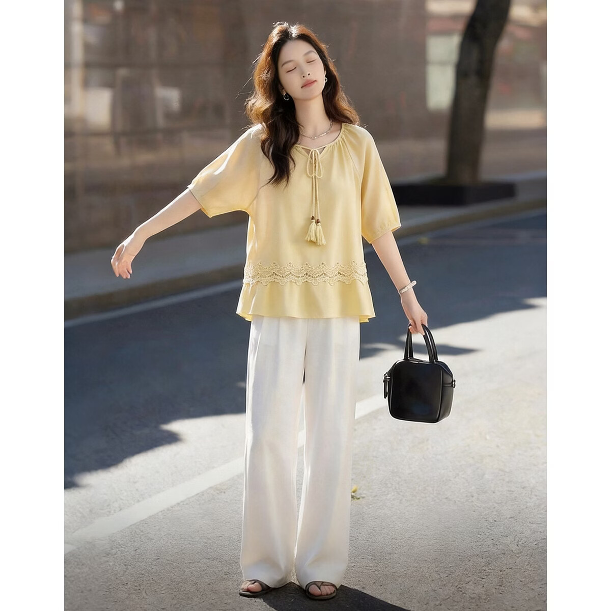 Demana Pure Cotton Tassel Tie Round Neck Shirt Women Summer New Lace Splicing Ruffle Loose Blouse