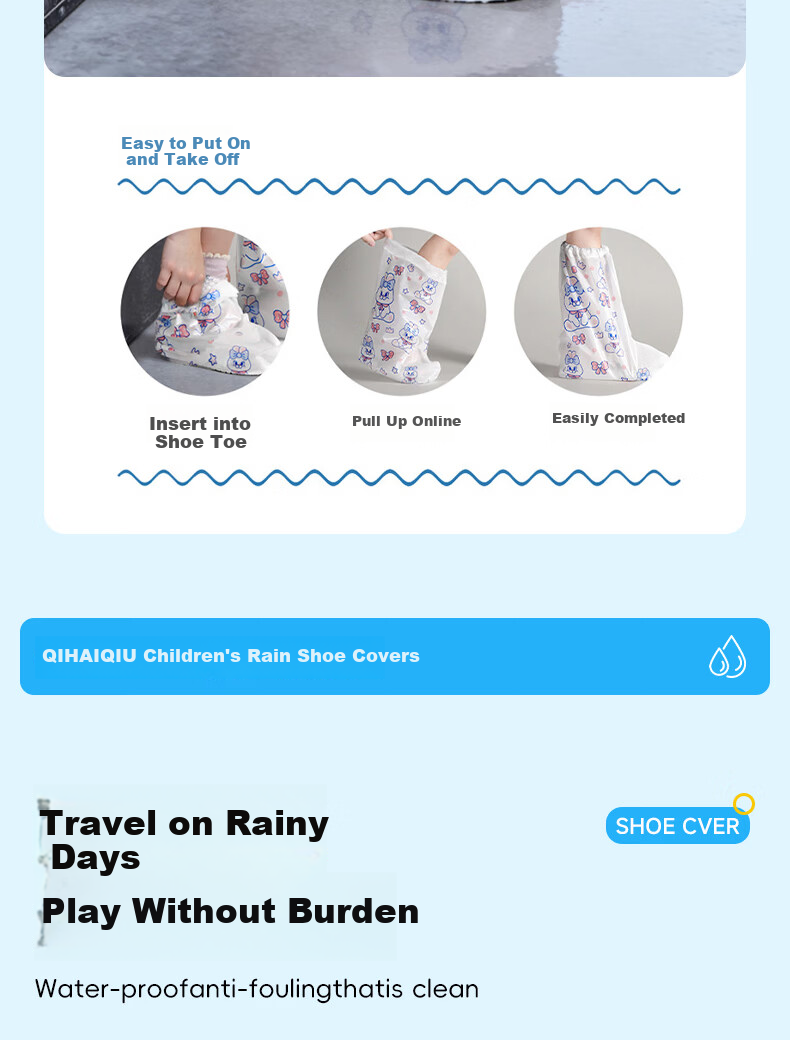 Qihaiqiu Kids Disposable Rain Shoe Covers Thickened Long Waterproof Non-slip Wear-resistant Rabbit Design - 6 Pieces Pack 8