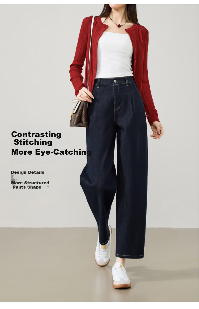 ESE-Y Women's Dark Blue Wide-Leg Denim Jeans 2026 Spring New Slim High-Waist Casual Curved Pants Size 26 16