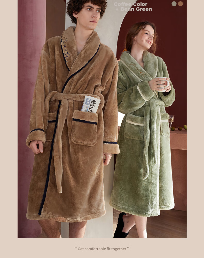 FENTENG Autumn Winter New Thickened Flannel Couple's Long Coral Fleece Bathrobe Men's Pajamas Homewear 14