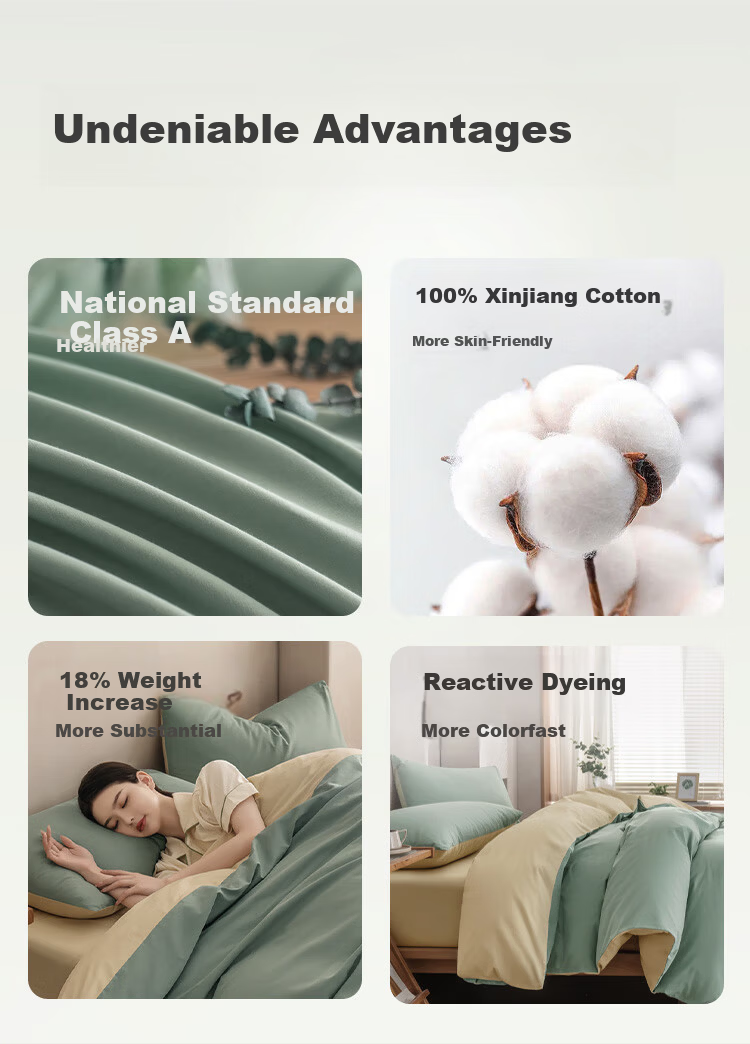JD Jingzao Cotton Four-Piece Set National Standard Class A Linen-Like Air Wash Pure Cotton Moisture-Absorbing Breathable Bed Sheet Duvet Cover Pillowcase Bedding Set 1.8m Bed Eucalyptus Green 3