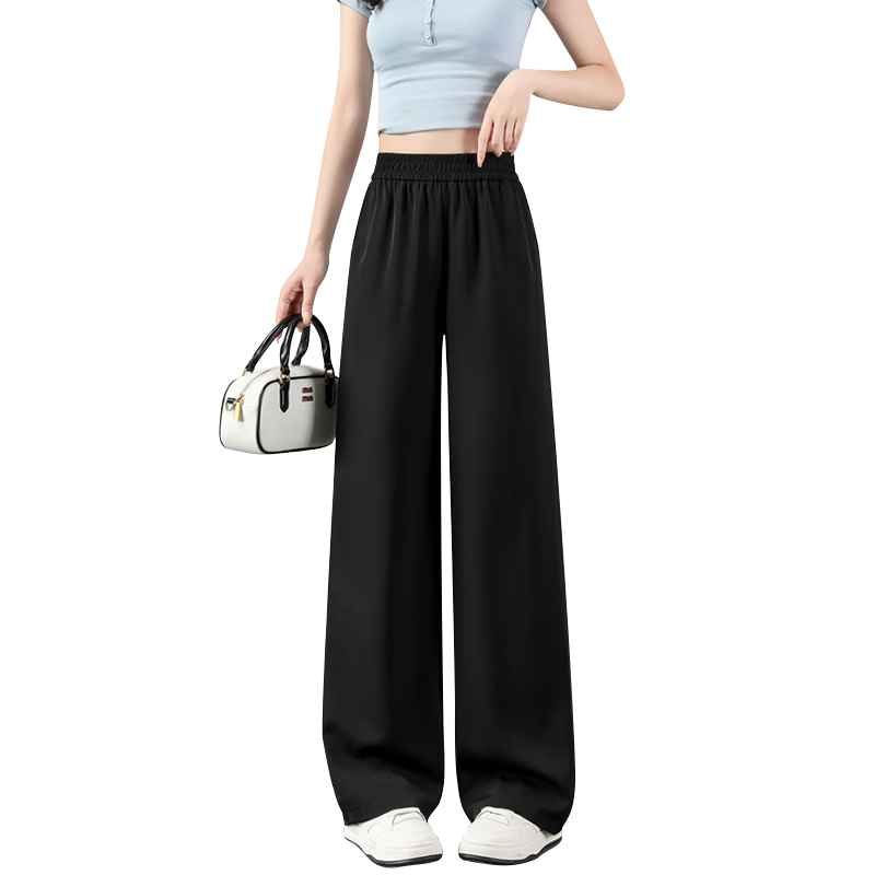 LangSha Black Straight-Leg Dress Pants, Summer Ice Silk Draping High-Waist Wide-Leg Pants for Women, Loose-Fitting Slimming Casual Trousers