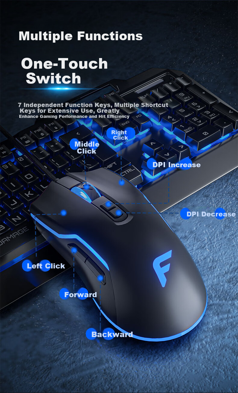Founder Seven-Color Mixed Light Wired Gaming Mouse 4-Level Up to 7200DPI Esports-Grade Chip Gaming Office Mouse Universal for PC Laptop G900 Black 5