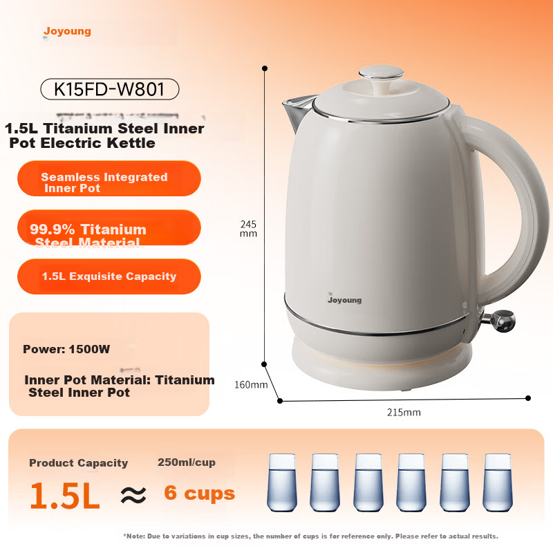 Joyoung Electric Kettle, Water Boiler, 99.9% High-Purity Titanium, Food-Grade 316L Stainless Steel, 1.5L Capacity, K15FD-W801