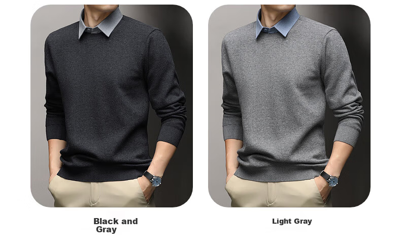 Hengyuanxiang Men's Autumn New Fake Two-Piece Knit Sweater, Business Casual Fleece-Lined Pullover for Young and Middle-Aged Men 10