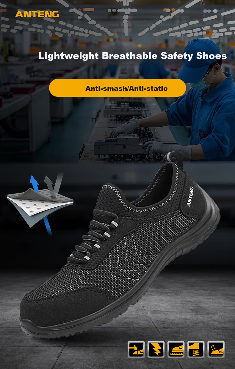 ANTENG Men's Summer Safety Shoes Steel Toe Anti-Smash National Standard Anti-Static Lightweight Breathable Comfortable Safety Shoes AS08 [Anti-Smash/Anti-Static] Size 38 2