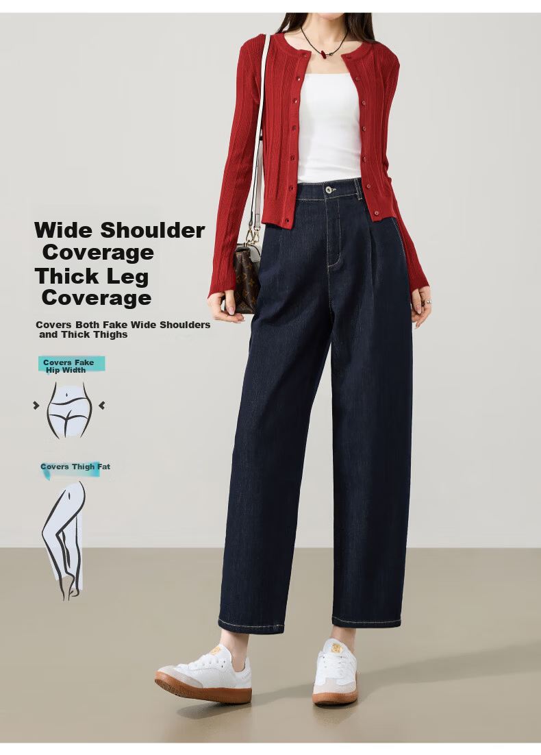 ESE-Y Women's Dark Blue Wide-Leg Denim Jeans 2026 Spring New Slim High-Waist Casual Curved Pants Size 26 5