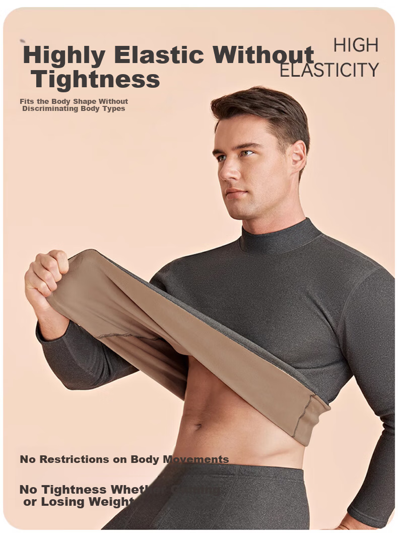 LangSha Men's Thermal Underwear Set Fleece Lined Thickened Lambswool 7A Antibacterial Mite-Resistant Mid-High Collar Windproof Autumn Shirt and Pants Set 9
