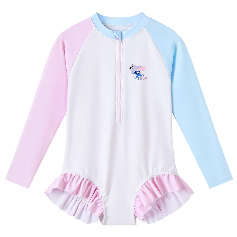 Disney Girls' Judy Sun Protection One-Piece Swimsuit Summer Long Sleeve Ruffle Swimwear Pink Blue 130
