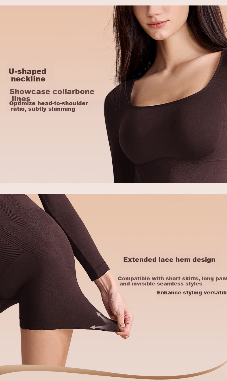 Curvilism [Victoria Song Style] Black Chocolate Long Sleeve Bodysuit Shapewear Tummy Control Hip Lift Nude Feel [Long Sleeve] M 16