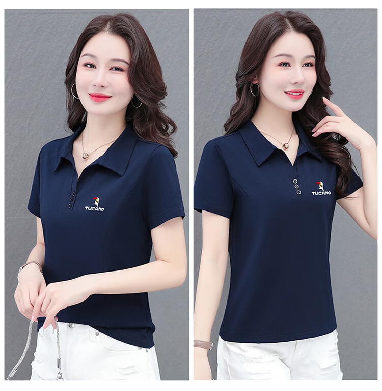 Woodpecker Women's Short Sleeve T-Shirt Pure Cotton Polo Collar Summer Regular Shoulder Slim Fit Casual Sports Half Sleeve Top Wine Red 2XL 14