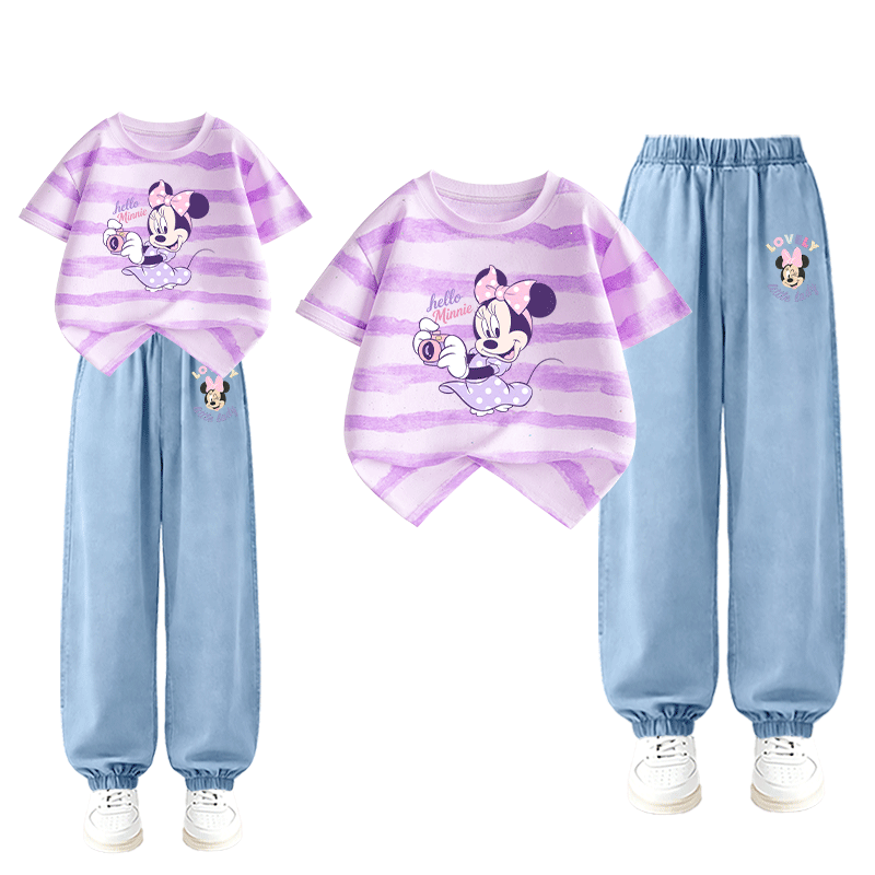 Disney Girls Summer Tie-Dye Short Sleeve Denim Mosquito-Proof Pants Set Photography Ni Purple + Winking Minnie Blue 120