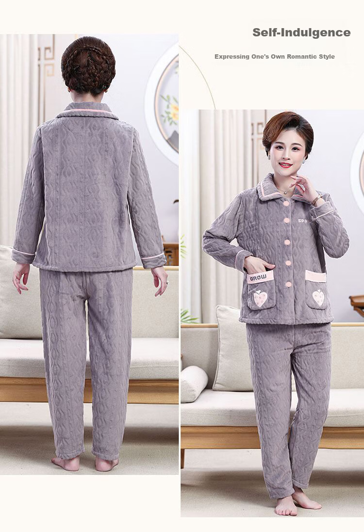 Urban Beauty Women's Flannel Pajamas Middle-aged and Elderly Mom Autumn Winter Coral Fleece Thickened Plus Size Homewear 5