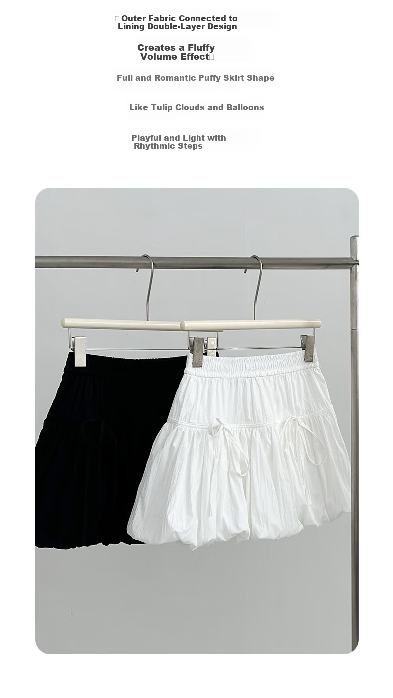 BOPRUIEY White Bud Short Skirt Women's Summer Anti-Exposure High-Waist Cloud Puff A-Line Skirt with Bow 2