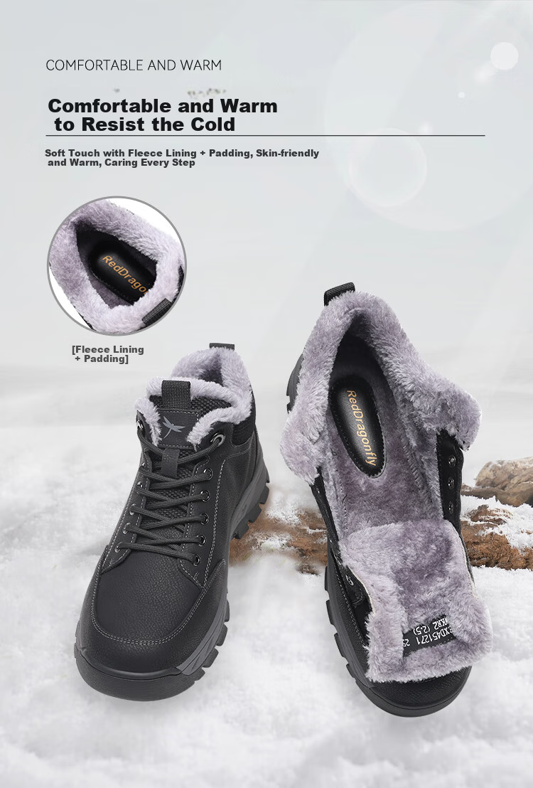 Red Dragonfly Men's Winter Snow Boots Fleece Lined Warm Cotton Shoes Non-Slip Fashion Middle-Aged Dad Cotton Shoes EXD451271 Black Gray Size 43 5