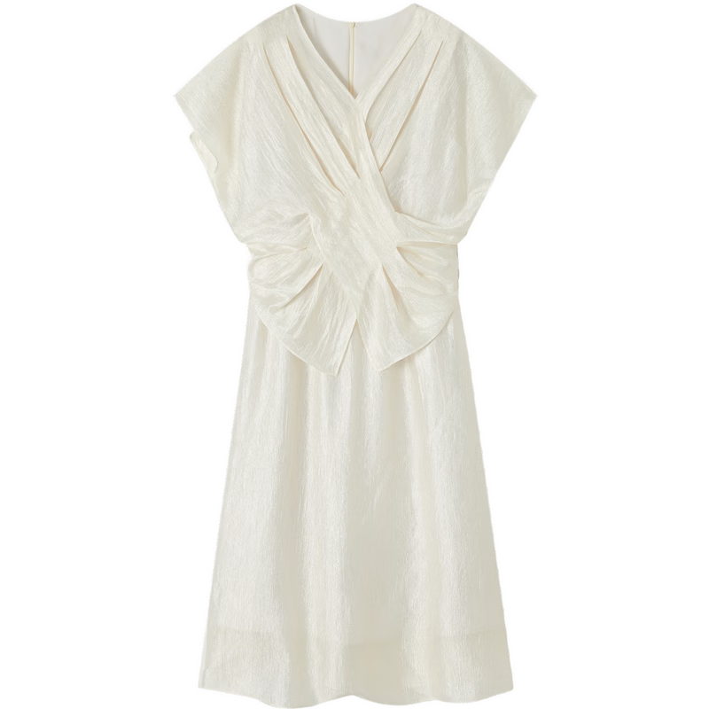 Demana Wrinkled Acetate Summer Elegant Luxury V-Neck Cross Waist Batwing Sleeve Lightweight Dress for Women High-End Feel
