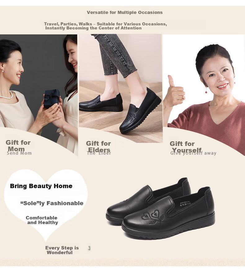 SPIDER KING Women's Shoes Middle-aged and Elderly Mom Shoes Flat Casual Soft Sole Single Shoes Fashion Small Leather Shoes 09255 Black 35 10