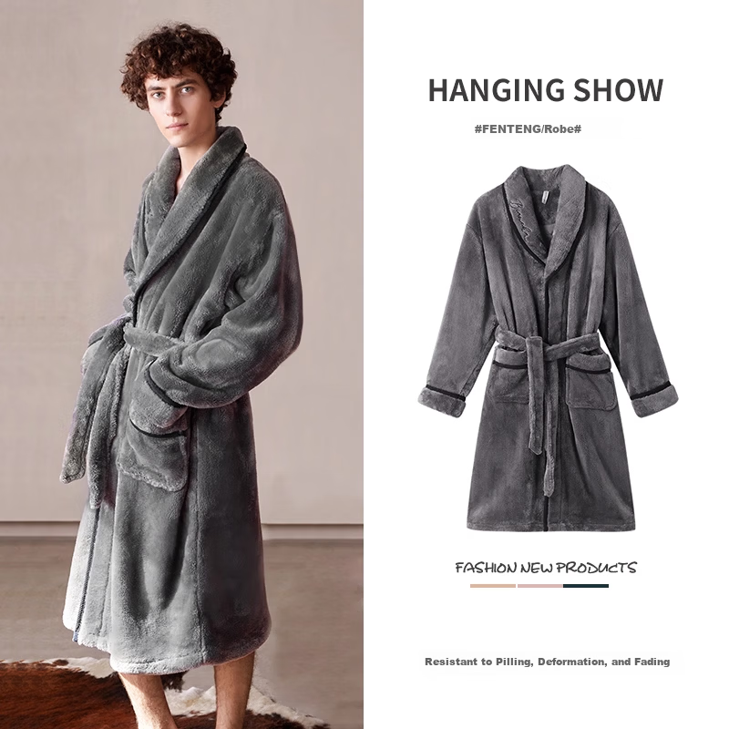 FENTENG Autumn Winter New Thickened Flannel Couple's Long Coral Fleece Bathrobe Men's Pajamas Homewear