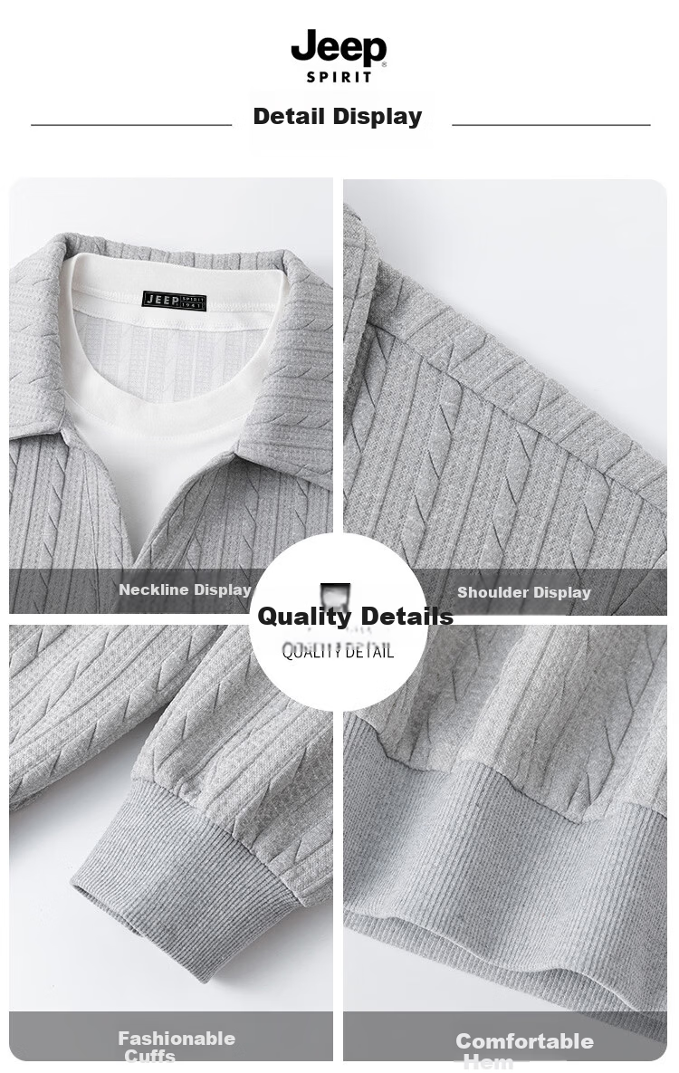 JEEP SPIRIT Men's Long Sleeve Polo Shirt Sweatshirt Spring Loose Casual Base Shirt Gray XL 7
