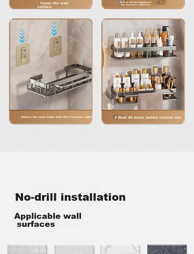 Xinpei Space Aluminum No-Drill Storage Rack, Bathroom Kitchen Wall-Mounted Shelf, Square Heavy-Duty Adhesive Rust-Proof Organizer 16