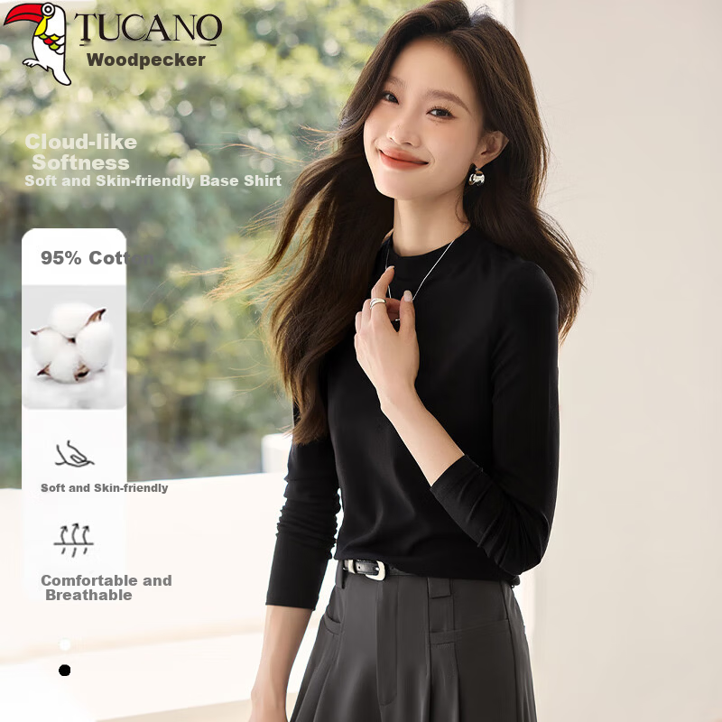 Woodpecker Women's Long Sleeve T-Shirt Autumn Pure Cotton Slim Fit Black L