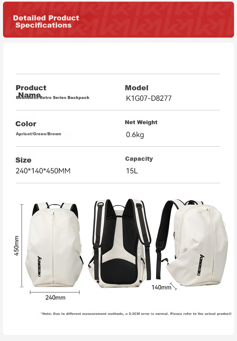 KAWASAKI Badminton Bag Boundless Retro Backpack with Separate Shoe Compartment Large Capacity Waterproof Sports Backpack D8277 Apricot 18