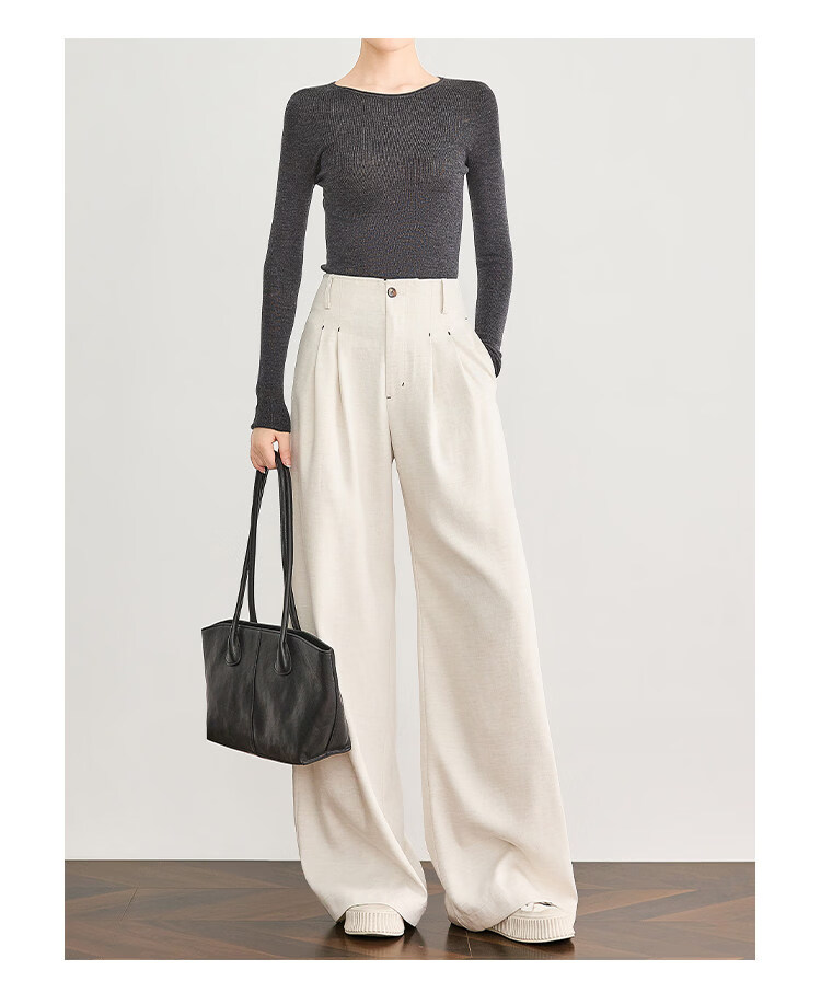 FAESSLIN Urban Old Money Style White Linen Summer Slim Wide-Leg Casual Pants for Women 36