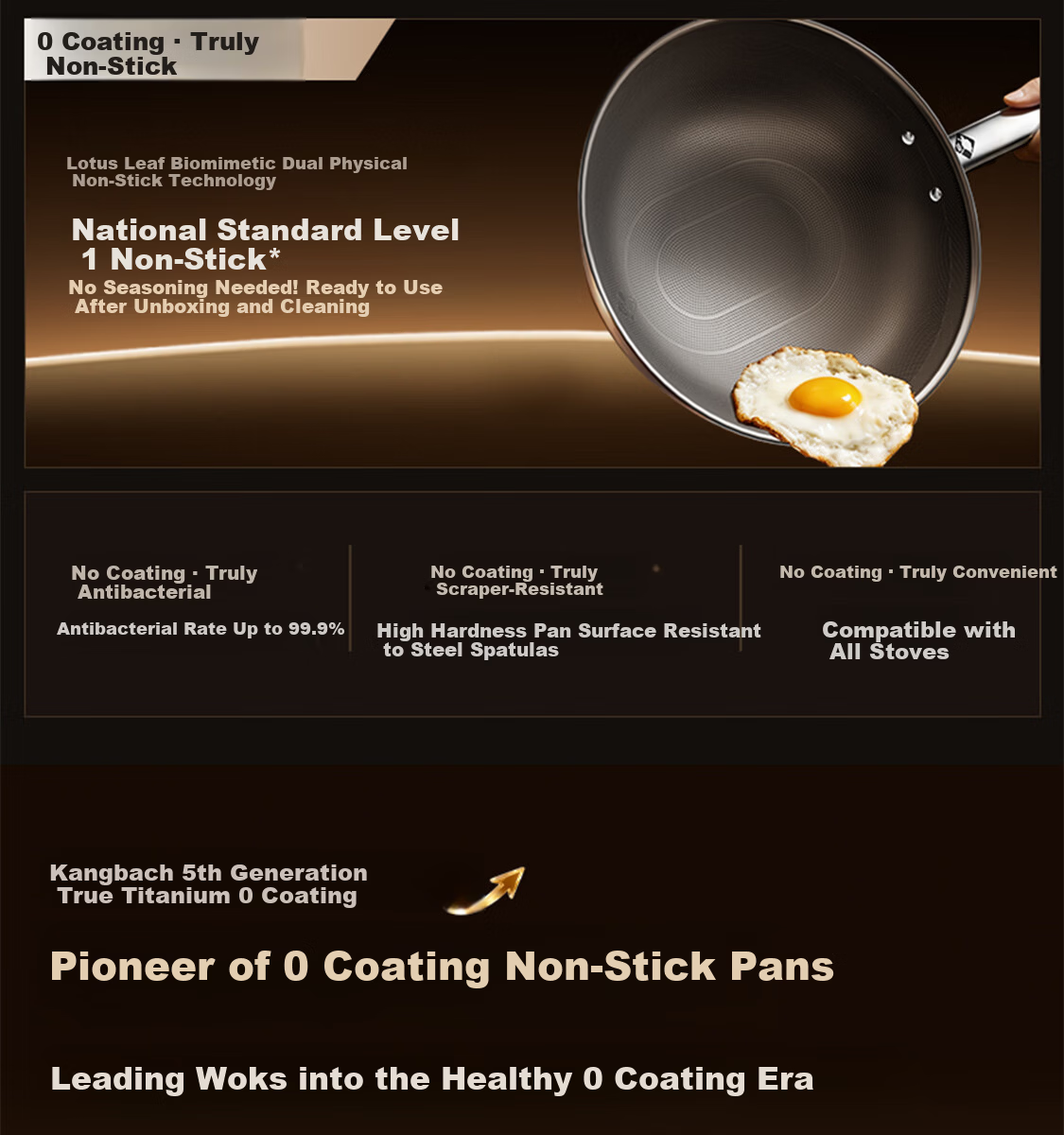 Kambach 5th Generation Pure Titanium Non-Coated Frying Pan Non-Stick Antibacterial 316L Stainless Steel Wok Compatible with Induction Cooker 6