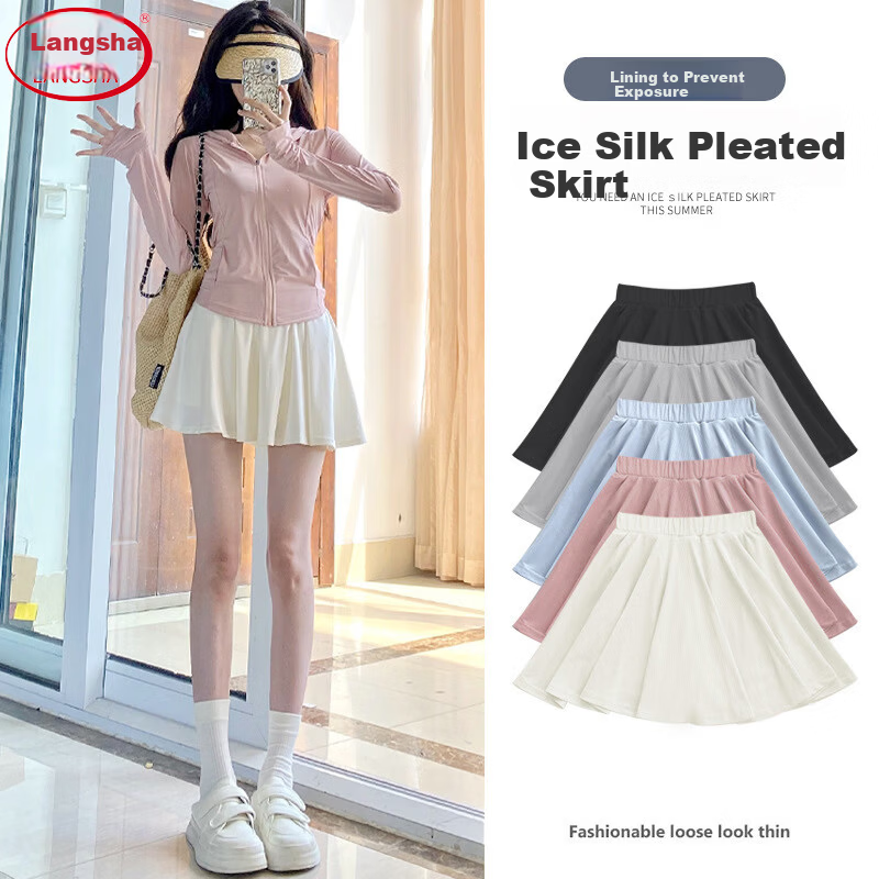 Langsha Ice Silk Pleated Skirt Women Summer 2025 New High Waist Slimming Ice Silk JK Skirt with Lining Anti-Exposure Short Skirt