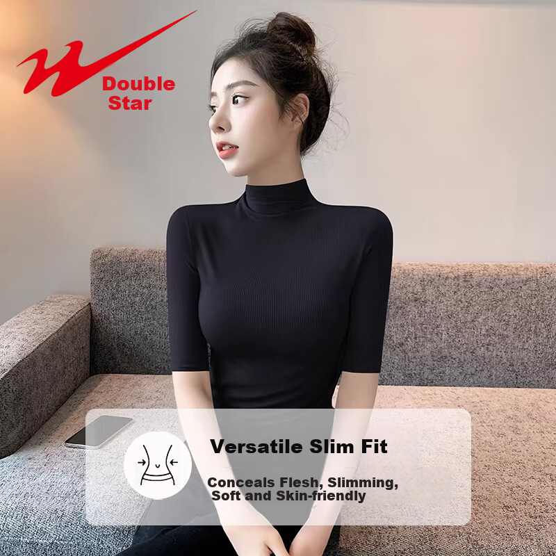 Shuangxing Women's Half Turtleneck Half Sleeve T-Shirt, 5/10 Sleeve Spring Summer New Style, Black, 2XL